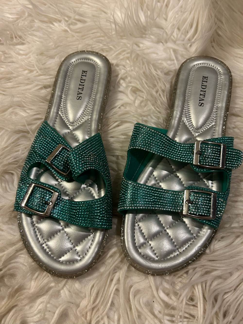 Emerald Green Rhinestone Double-Buckle Slide Sandals